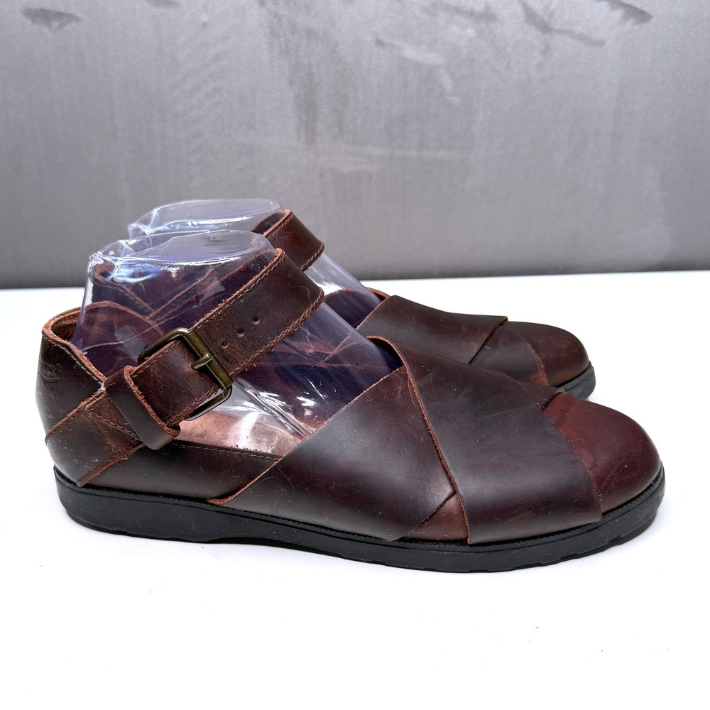 Vtg G.H. Bass Huarache Flats Women 8.5 Brown Leather Ankle Strap Boho Fisherman